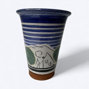 Studio Art Pottery Vase SIGNED Hand Painted Folk Art Farm Mountain House Planter